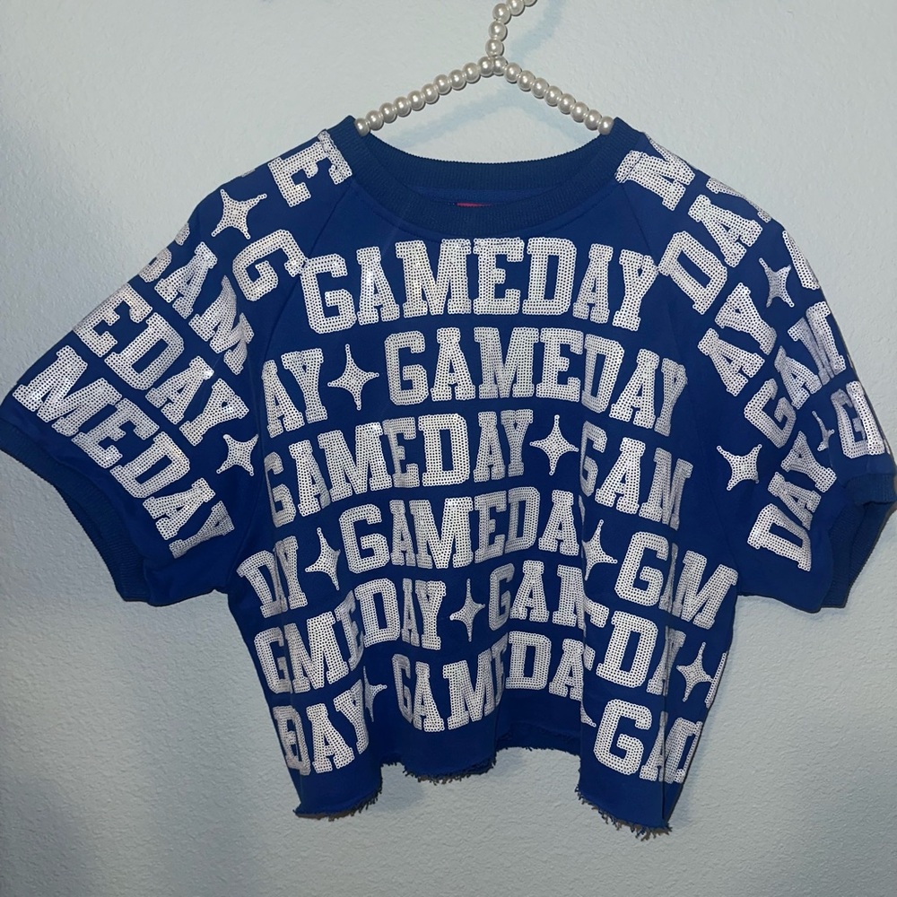 BRAND NEW • QOS • QUEEN OF SPARKLES • ROYAL BLUE CROPPED GAMEDAY TOP • SIZE XS